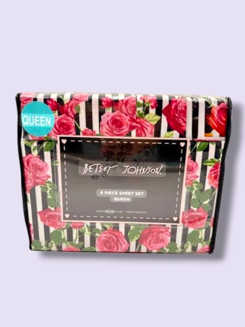 Nwt Betsey Johnson Queen Sheet Set - Pink Roses on Black & White Stripe - Picture 2 of 4